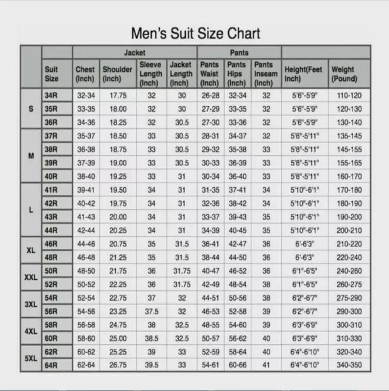 May include: Men's suit size chart with measurements in inches for chest, shoulder, sleeve, jacket, pants waist, hips, inseam, height, and weight. Sizes range from 34R to 64R.