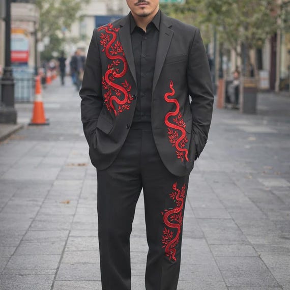 red black formal dress men Vintage Suit with Snake Embroidery – Gothic Tuxedo for OUTLET_women