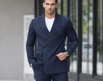 Navy Blue Men’s 2 Piece Suit – Stylish Button Blazer & Pants Set – Slim Fit Formal Business Suit – Wedding Party Wear for Men