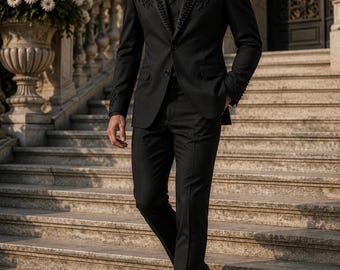 黒のビーズ装飾が施されたメンズツーピーススーツ、高級新郎用ウェディングタキシード、フォーマルなプロム衣装