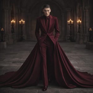 Puede incluir: Un traje burdeos con una larga cola. El conjunto incluye una americana, pantalones y una corbata a juego. La persona está en una habitación con poca luz, con arquitectura ornamentada y candelabros.