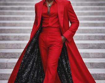 Men's Red 3-Piece Suit with Long Coat – Statement Formal Wear, Custom Tailored