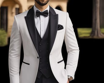 Men's Black and White Contrast 3-Piece Wedding Tuxedo – Tailored Formal Groom Suit Set