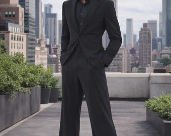 Traje negro de hombre a medida con pantalón de pierna ancha – Ropa formal moderna y minimalista – Traje de diseñador de lujo – Atuendo para bodas y negocios para hombres