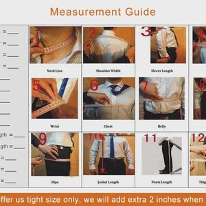 May include: A measurement guide with numbered diagrams illustrating how to measure various body parts for clothing. Includes measurements for neckline, shoulder, sleeves, armhole, wrist, chest, belly, waist, hips, cloth length, pants length, thigh, height, and weight.