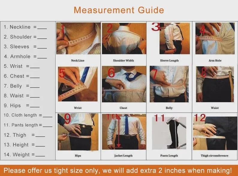 May include: A measurement guide with numbered diagrams illustrating how to measure various body parts for clothing. Includes measurements for neckline, shoulder, sleeves, armhole, wrist, chest, belly, waist, hips, cloth length, pants length, thigh, height, and weight.