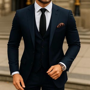 Traje azul marino de tres piezas para hombre: esmoquin clásico para boda formal o fiesta de graduación.
