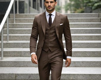 Men's Dark Brown Slim Fit 3-Piece Suit – Wedding, Party, Business Formal Wear
