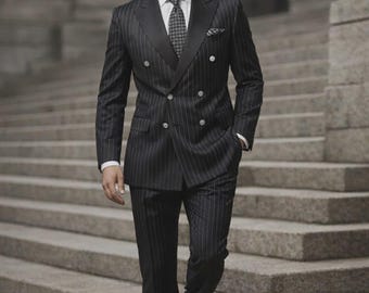 Herren Schwarz Nadelstreifen Zweireiher Smoking Anzug - Vintage-Stil formelle maßgeschneiderte Tux