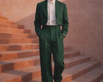 Men’s Emerald Green Tailored Suit Modern Cropped Blazer & High Waist Trousers Luxury Designer Formal Outfit  Wedding  Fashion Statement Suit