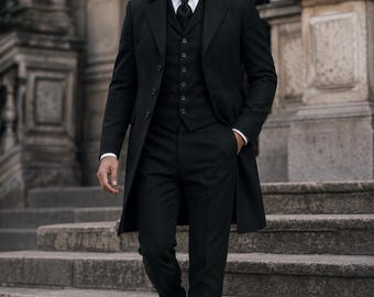 Viktoriansk svart frackkostym för män, gotisk frack, specialanpassad historisk dräkt, handgjord steampunk-outfit, formell kappa i regencystil