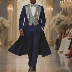 Navy Blue Silver 3-Piece Men's Long Coat Suit – Slim Fit Formal Wedding Attire