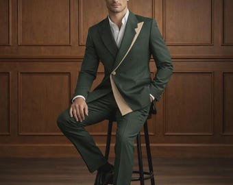 Men’s Olive Green 2 Piece Suit – Modern Tailored Formal Suit – Wedding Groom Outfit – Designer Blazer & Trousers Set – Stylish Menswear