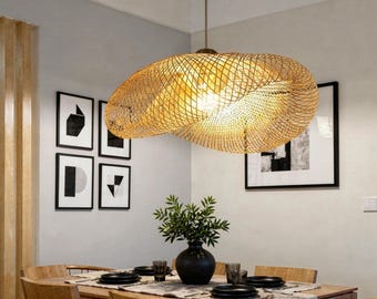 Handwoven Rattan Pendant Light – Boho Bamboo Ceiling Fixture, Wabi Sabi Lamp