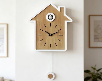 Scandinavian Cuckoo Clock, Minimalist House Design, Silent Quartz Movement, Animated Bird Pendulum Wall Clock