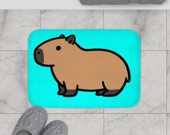 Capybara Illustration Bath Mat | Memory Foam, Turquoise Animal Decor