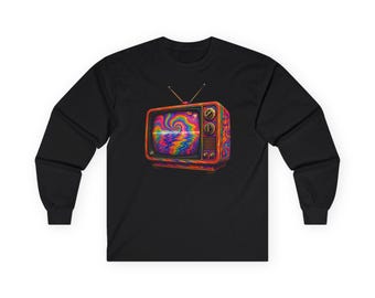 Retro TV with Psychedelic Static Long Sleeve Tee | Vintage Television Artwork