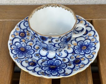 Tazza da tè e piattino da dessert vintage Lomonosov LFZ – Motivo floreale blu con dettagli dorati