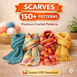 May include: Four handmade crochet scarves in various colours, including teal, pink, orange, and yellow. The image displays the text "Scarves 150+ Patterns". A basket of yarn balls is in the background. The image also includes "Instant PDF Download".