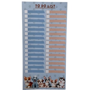 Pode incluir: Um bloco de notas retangular To Do List com fundo azul claro e padrão de pegadas. O bloco de notas apresenta uma fileira de filhotes na parte inferior. As palavras "TO DO LIST" estão no topo. O bloco de notas tem espaços para escrever tarefas.