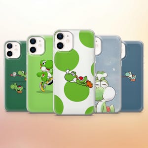 May include: A collection of five phone cases featuring various designs of the character Yoshi. The cases showcase Yoshi in different poses and settings, with a color palette of green, white, and blue.