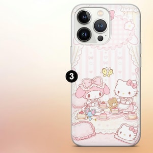 Puede incluir: Funda transparente para tel&eacute;fono con un dise&ntilde;o de dibujos animados en rosa y blanco. La funda tiene un fondo a rayas rosas y blancas con personajes de dibujos animados, pasteles y una mariposa. La funda est&aacute; dise&ntilde;ada para un tel&eacute;fono inteligente.