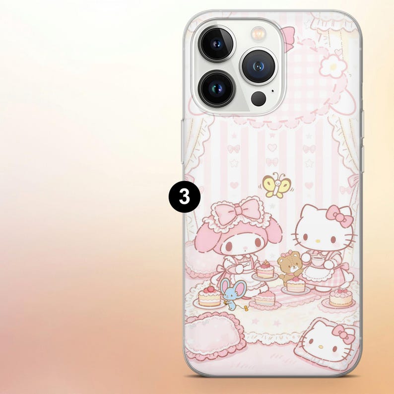 Puede incluir: Funda transparente para tel&eacute;fono con un dise&ntilde;o de dibujos animados en rosa y blanco. La funda tiene un fondo a rayas rosas y blancas con personajes de dibujos animados, pasteles y una mariposa. La funda est&aacute; dise&ntilde;ada para un tel&eacute;fono inteligente.