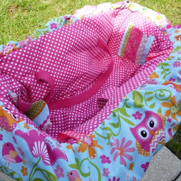 Shopping Cart Cover, Pink Owl & Flower design, with matching drawstring bag