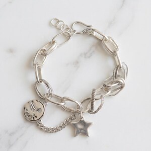 Y2K Silver Toggle Bracelet Star Charm Chunky Chain Gothic Celestial Women Gift