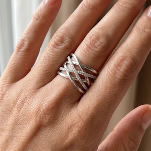 925 Sterling Silver Wrap Ring Multiple Crossed Bands Crystal Pavé Statement Women