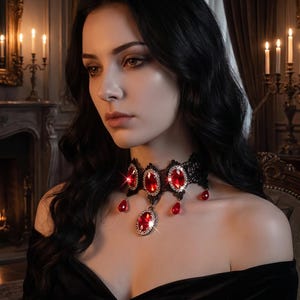 Può includere: Una collana girocollo in pizzo nero con tre pietre preziose rosse di forma ovale circondate da piccoli cristalli trasparenti. Il girocollo include tre pendenti rossi a forma di goccia fissati alla base in pizzo.