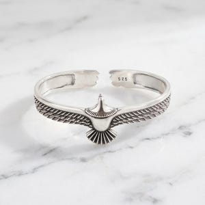 925 Sterling Silver Eagle Wings Cuff Bracelet Open Bangle Dark Power Statement Women