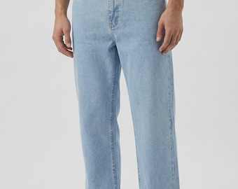 Jean bleu clair coupe décontractée jambe droite, pantalon en denim décontracté taille moyenne