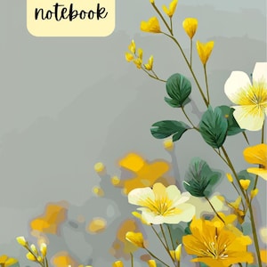 Puede incluir: Un cuaderno con un diseño floral. La portada presenta un fondo gris claro con flores amarillas y blancas y hojas verdes. La palabra "notebook" está en escritura negra sobre un rectángulo amarillo.