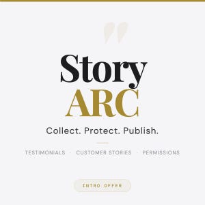 May include: A graphic with the words "Story ARC" in black and gold. Below, it reads "Collect. Protect. Publish." Additional text includes "Testimonials," "Customer Stories," and "Permissions." An "Intro Offer" button is at the bottom.