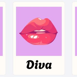 Puede incluir: Tres imágenes sobre un fondo morado. La primera imagen es una bola de discoteca con azulejos espejados de colores, la segunda son unos labios rojos y la tercera es un cóctel con una cereza y un corazón. Las palabras "Party", "Diva" y "Fun" están escritas debajo de cada imagen.