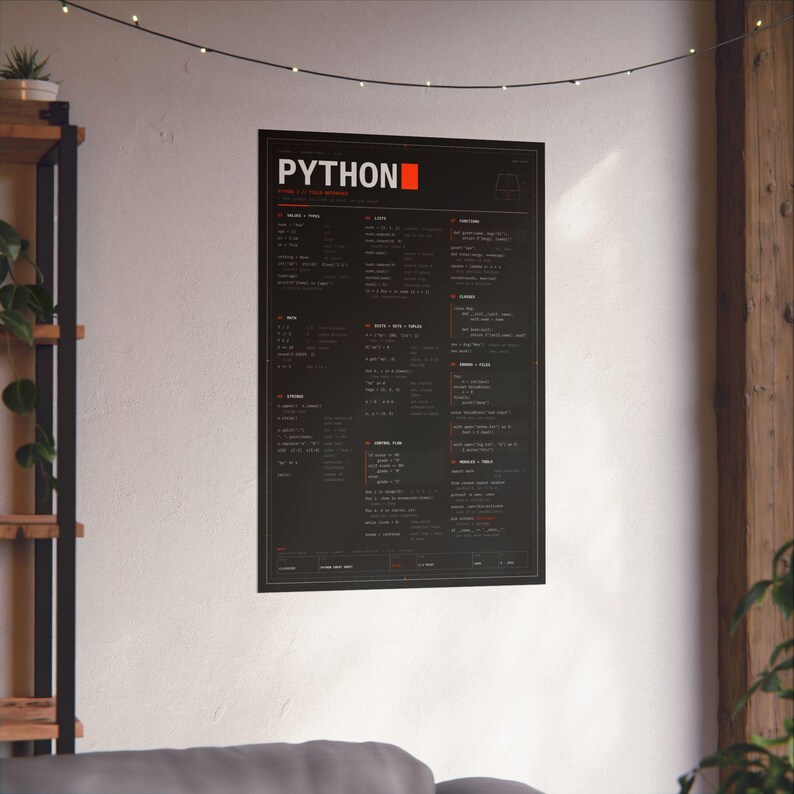Póster con hoja de trucos de Python, póster físico mate, referencia de sintaxis de Python 3, arte mural para programadores, regalo para programadores, 12x18 16x24 24x36 imagen 14