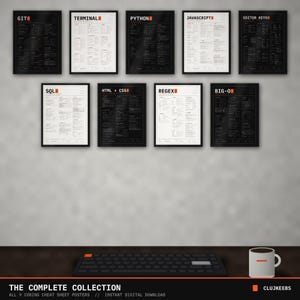 Coding Cheat Sheet Poster Collection, 9 Printable Programmer Posters, Git Python SQL JavaScript Regex HTML CSS, Developer Gift Bundle