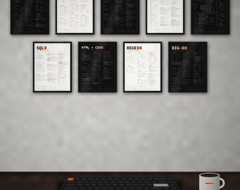 コーディングチートシートポスターコレクション、印刷可能なプログラマーポスター9枚セット、Git、Python、SQL、JavaScript、正規表現、HTML、CSS、開発者向けギフトバンドル