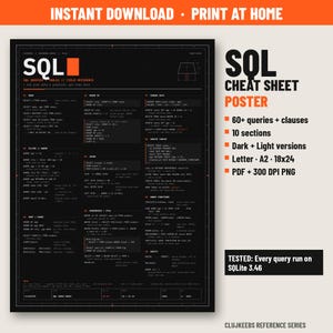 SQL Cheat Sheet Poster, Printable SQL Commands Reference, Database Query Wall Art, Data Analyst Gift, Programmer Decor, Dark + Light