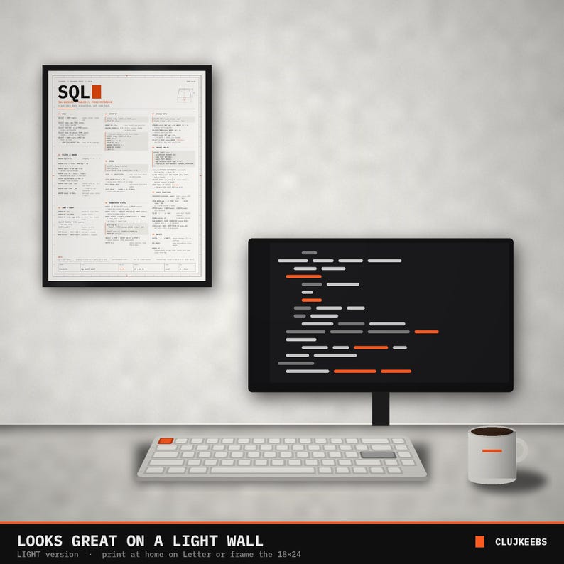SQL Cheat Sheet Poster, Printable SQL Commands Reference, Database Query Wall Art, Data Analyst Gift, Programmer Decor, Dark + Light image 6