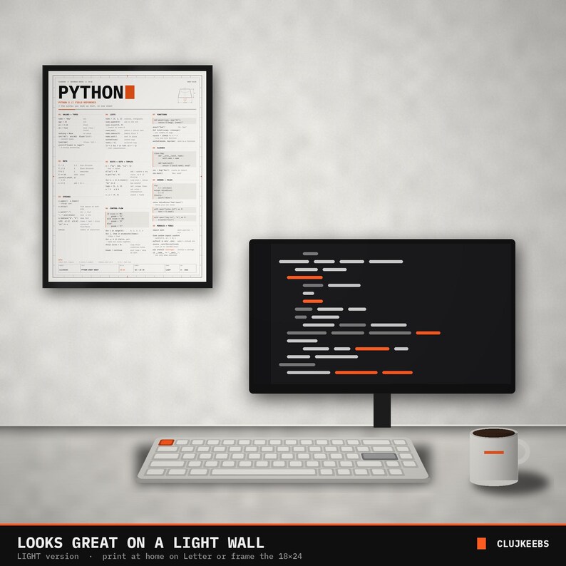 Pythonチートシートポスター、Python 3構文リファレンス、印刷可能なコーディングウォールアート、プログラマーギフト、ダーク+ライト、18x24 A2レターサイズ 画像 6