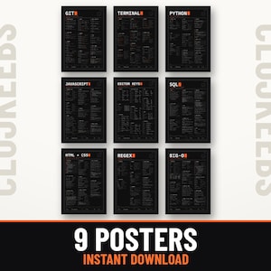 May include: A set of nine black posters featuring white text and orange accents, displaying cheat sheets for Git, Terminal, Python, JavaScript, Editor Keys, SQL, HTML and CSS, Regex, and Big-O. Each poster contains technical programming references.