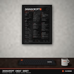 Póster con hoja de trucos de JavaScript, referencia de sintaxis moderna de JS, arte mural para desarrolladores web, póster de codificación imprimible, oscuro + claro, 18x24 A2