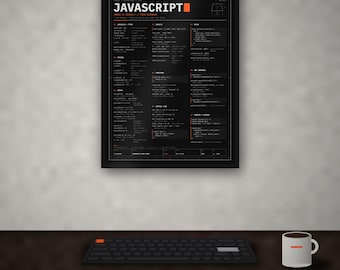 JavaScript spiekbrief poster, moderne JS syntaxreferentie, muurdecoratie voor webontwikkelaars, printbare codeerposter, donker + licht, 18x24 A2