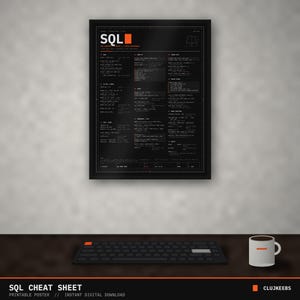 Póster con hoja de trucos de SQL, referencia imprimible de comandos SQL, arte mural de consultas de bases de datos, regalo para analistas de datos, decoración para programadores, oscuro + claro
