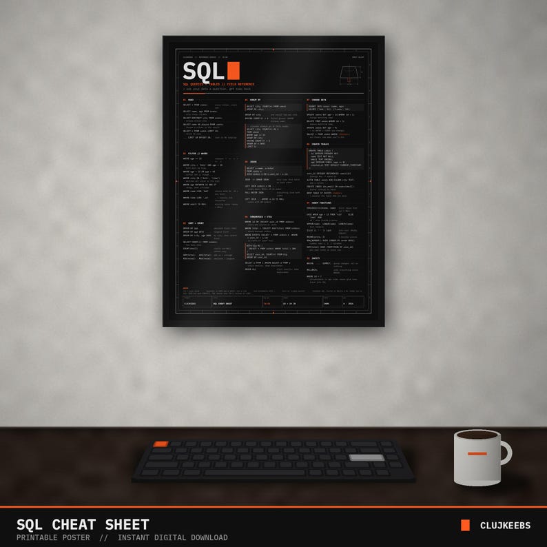 SQL Cheat Sheet Poster, Printable SQL Commands Reference, Database Query Wall Art, Data Analyst Gift, Programmer Decor, Dark + Light image 1
