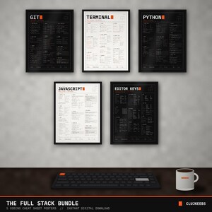 Coding Cheat Sheet Poster Bundle, 5 Printable Programmer Posters, Git Terminal Python JavaScript Editor Shortcuts, Dark + Light