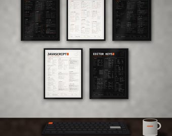Bundel met spiekbriefjes voor programmeurs: 5 printbare posters, sneltoetsen voor Git, Terminal, Python en JavaScript, donker + licht.