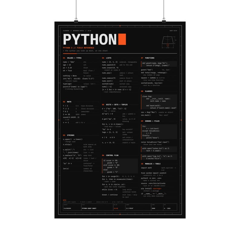 Póster con hoja de trucos de Python, póster físico mate, referencia de sintaxis de Python 3, arte mural para programadores, regalo para programadores, 12x18 16x24 24x36 imagen 9